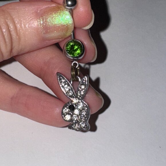 Clear Rhinestone Play boy-looking Bunny Dangle Belly Ring - Picture 6 of 9